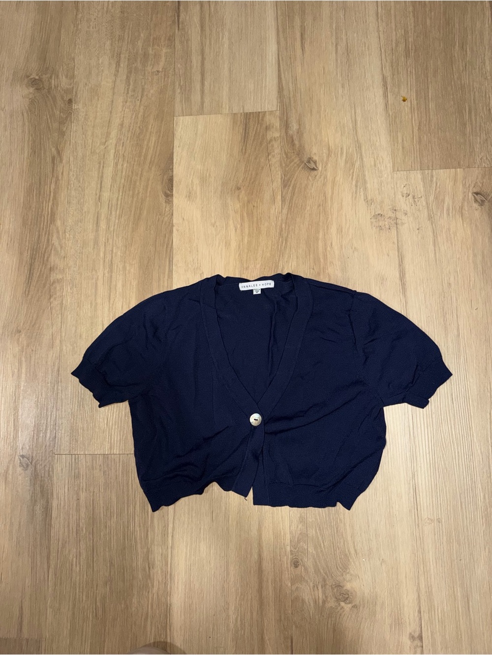 Annalee + Hope Navy Cropped Short-Sleeve Cardigan with Pearl Button
